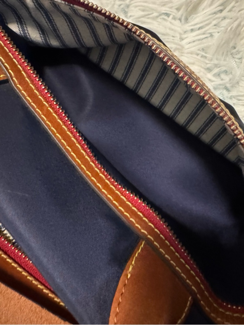 Dooney & Bourke Navy and Brown Leather Satchel with Shoulder Strap - Picture 6 of 10